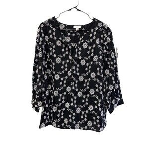 J.Jill Floral Print Top XL Eyelet Black Balloon Sleeve Popover Cotton V Neck